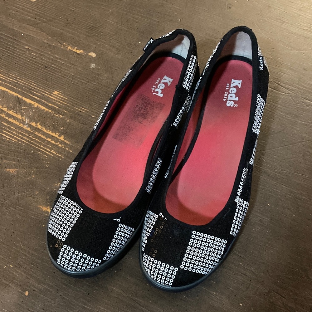 Keds Black Flats with White Studded Check Pattern